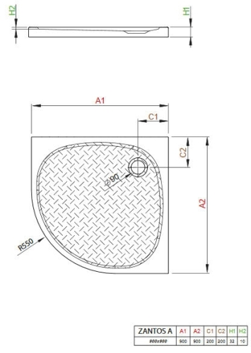 Radaway Zantos A 90x90 cm negyedköríves öntöttmárvány zuhanytálca M3ZNA9090-06