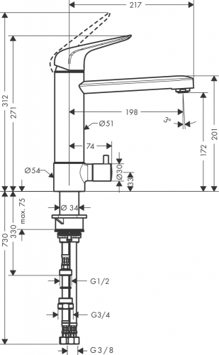 Hansgrohe Focus M424-H180 egykaros konyhai csaptelep elzárószeleppel 71813000