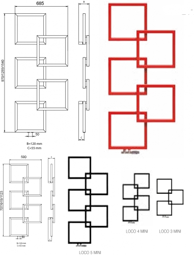 Radeco Loco 5 Mini design törölközőszárítós csőradiátor (418 W, fekete, 1123x500 mm)