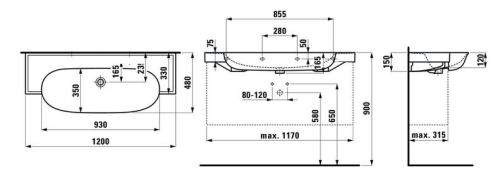 Laufen THE NEW CLASSIC 120x48 cm mosdó csaplyuk nélkül, fehér H8138580001091