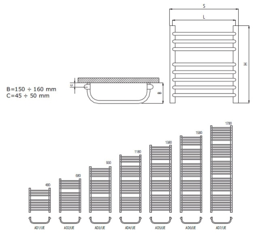 Radeco UMBERTO AD1-400/UE standard törölközőszárítós csőradiátor (285 W, fehér, 480x450 mm)