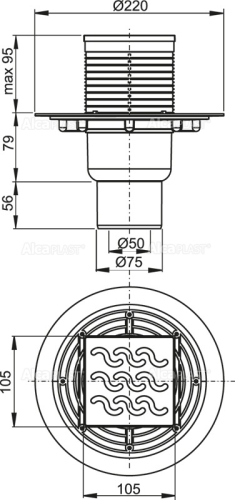 Alcaplast APV202 Padlóösszefolyó 105×105/50/75 mm függőleges, rozsdamentes rács, vizes bűzzár