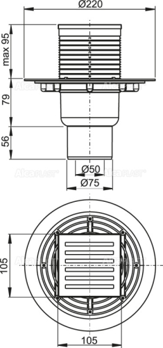 Alcaplast APV203 Padlóösszefolyó 105×105/50/75 mm függőleges, rozsdamentes rács, vizes bűzzár