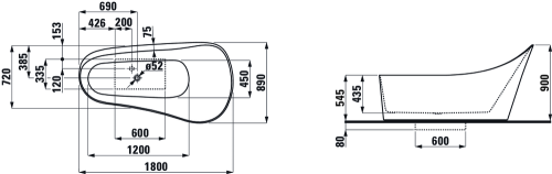 Laufen Palomba 180x90 cm-es szabadonálló kád masszázsrendszer nélkül, szenzor vezérelt LED világítás H2458020006151