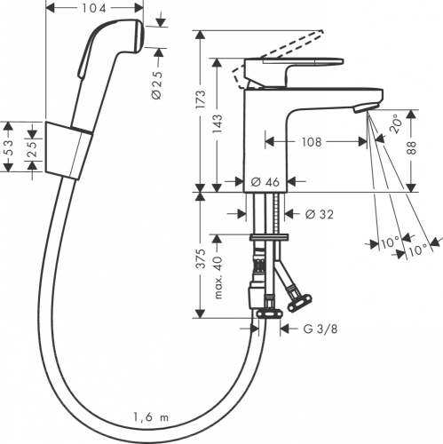 Hansgrohe Vernis Blend egykaros mosdócsaptelep 100, bidé kézizuhannyal és 160 cm-es zuhanytömlővel 71215000