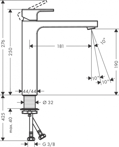 Hansgrohe Vernis Shape egykaros mosdócsaptelep 190, lefolyógarnitúra nélkül matt fekete 71591670