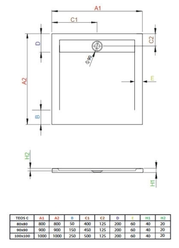 Radaway Teos C 90x90 cm szögletes öntöttmárvány zuhanytálca, cemento HTC9090-74