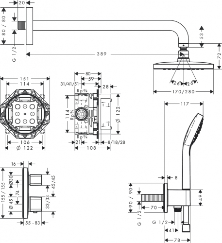 Hansgrohe Croma E Zuhanyrendszer 280, 1 jet, Ecostat S 27954000