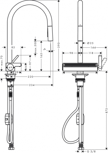 Hansgrohe Aquno Select M81 egykaros konyhai csaptelep 170, kihúzható fejjel, 3jet króm 73837000