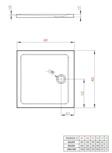 Radaway Doros Stone C 90x90 lapos zuhanytálca, antracit SDRC9090-01-64S