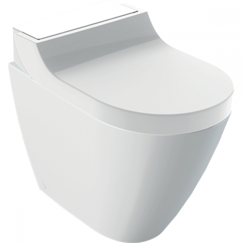 Geberit AquaClean Tuma Comfort álló WC komplett higiéniai berendezés, falhoz illeszthető fehér üveg 146.310.SI.1