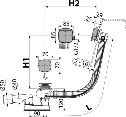 Alcaplast A564CRM2 automata kádszifon túlfolyónál feltöltős, króm (hossz 800mm)