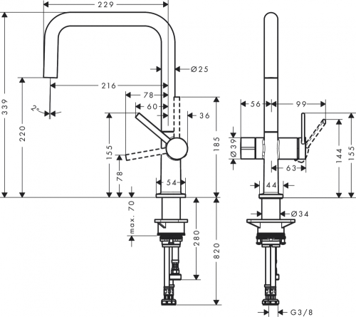 Hansgrohe Talis M54 U 220 konyhai csaptelep elzárószeleppel, 1jet, matt fekete 72807670