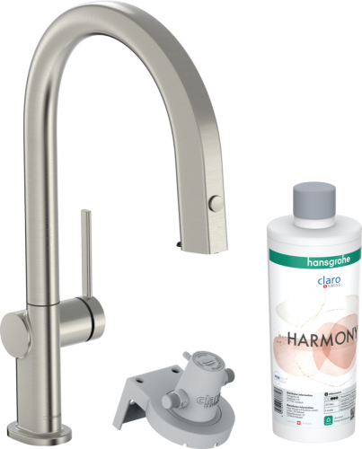 Hansgrohe Aqittura M91 Vízszűrős konyhai csaptelep 210, kihúzható zuhanyfejjel, 1jet, indulókészlet, rozsdamentes acél hatású 76801800