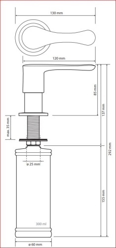 Sapho BEMETA HOTEL Beépíthető szappanadagoló, felültöltős, 60x292x130mm, 300ml, polírozott 152109222