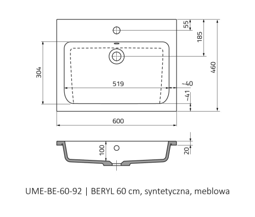 Roltechnik BERYL 60x46 cm öntött műmárvány mosdó UME-BE-60-92