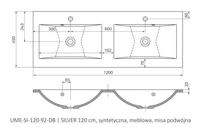 Roltechnik Silver 120x45 cm öntött műmárvány dupla mosdó UME SI 120 92