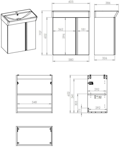 AREZZO design PROVO 60 2 ajtós bútor+mosdó szett, matt fekete AR-168353