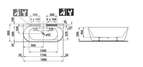 Laufen PRO 180x80 cm fürdőkád falhoz, fehér H2459570000001