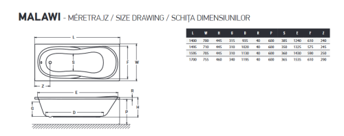 Wellis Malawi Hydro™ 170x75 cm-es hidromasszázs kád csaptelep nélkül jobbos WK00162-2