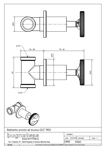 Bugnatese MILLENOVECINQUANTA csempeszelep 1/2″ csatlakozással, szálcsiszolt nikkel 4560NS