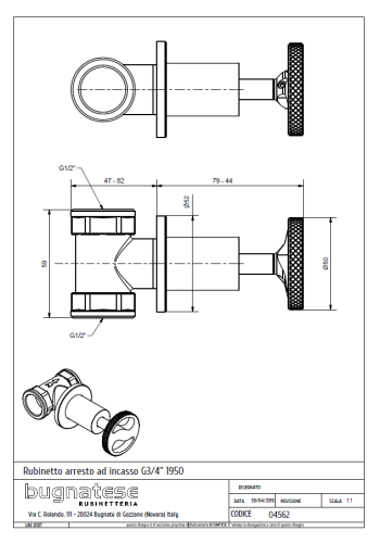 Bugnatese MILLENOVECINQUANTA Csempeszelep 3/4″ csatlakozással, króm 4562CR