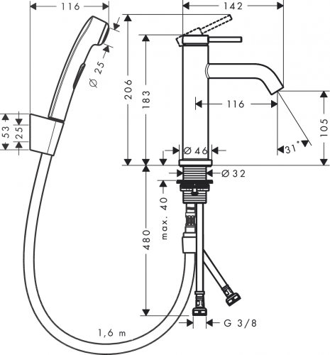 Hansgrohe Tecturis S egykaros mosdócsaptelep 110, bidette kézizuhannyal, 1.60m-es zuhanytömlővel, króm 73211000