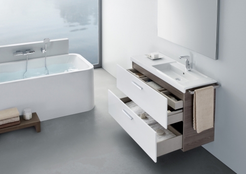 Roca Prisma 110 cm fürdőszoba bútor jobbos mosdóval, fényes fehér/kőris fa A855956322