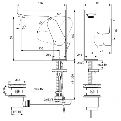 Ideal Standard Cerafine O mosdó csaptelep leeresztővel 155 mm, króm BC703AA