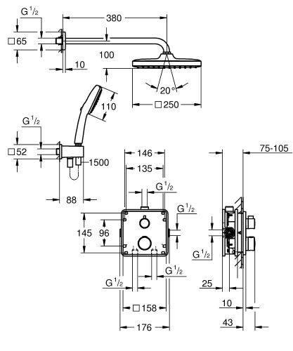 Grohe Grohtherm falsík alatti zuhanyrendszer Tempesta 250 Cube fejzuhannyal 34871000