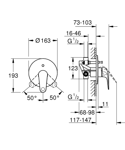 Grohe Euroeco falsík alatti egykaros kádcsaptelep, króm 32747001