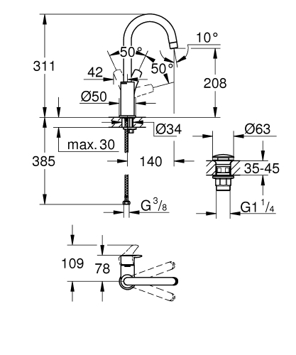 Grohe Eurosmart egykaros mosdócsaptelep L-es méret klikk-klakkos leeresztővel, króm 23970003