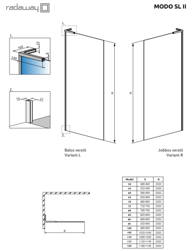 Radaway Modo SL II Walk-in zuhanyfal, króm színű profil, balos 50 cm 10319054-01-01L