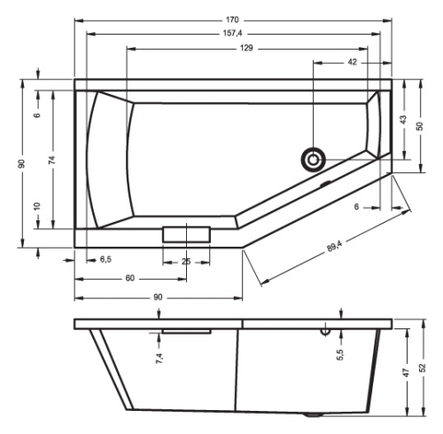 Riho Geta Aszimmetrikus kád jobbos 170x90 cm (BA88) B031001005