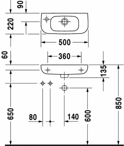 Duravit D-Code 50x22 cm kézmosó csaplyuk bal oldalon 070650 (07065000092)