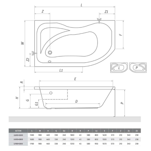 Roltechnik Activa Aszimmetrikus kád (150x90 cm, beépíthető, #8410000, balos)