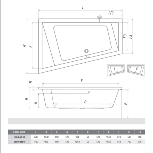 Roltechnik Kubic aszimmetrikus kád (beépíthető, 160x103 cm, #9670000, jobbos)
