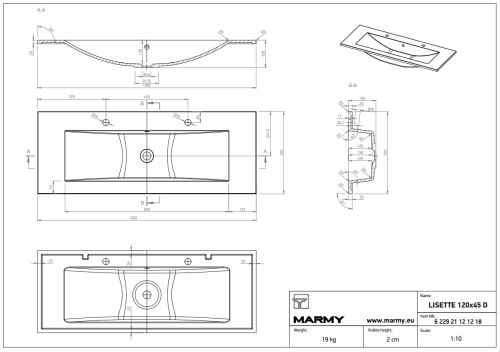 Marmy LISETTE 120x45 cm beépíthető öntöttmárvány mosdó 2 csaplyukkal, fehér 6 229 21 12 12 18 (K)