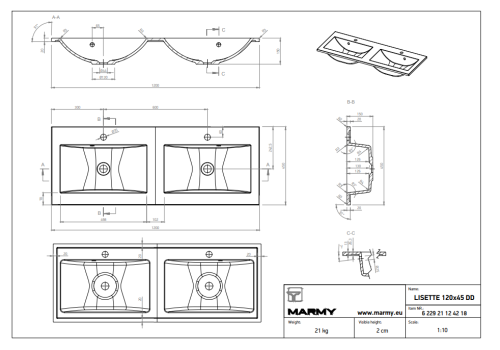 Marmy Lisette 120x45 2 medencés beépíthető öntött márvány mosdó 6 229 21 12 42 18