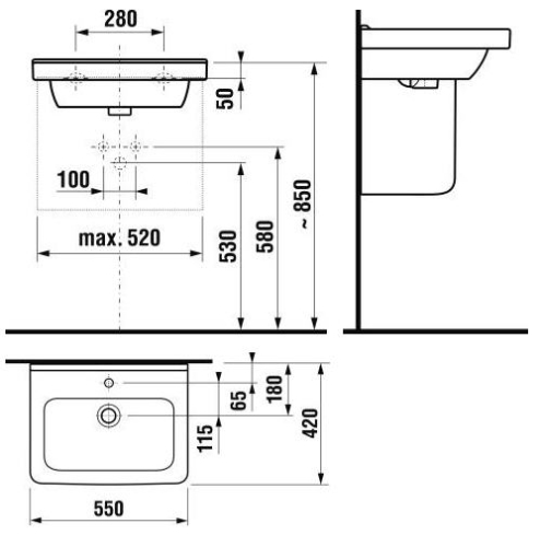 Jika Cubito 55x42 mosdó csaplyuk nélkül H8104220001091 (8.1042.2.000.109.1)