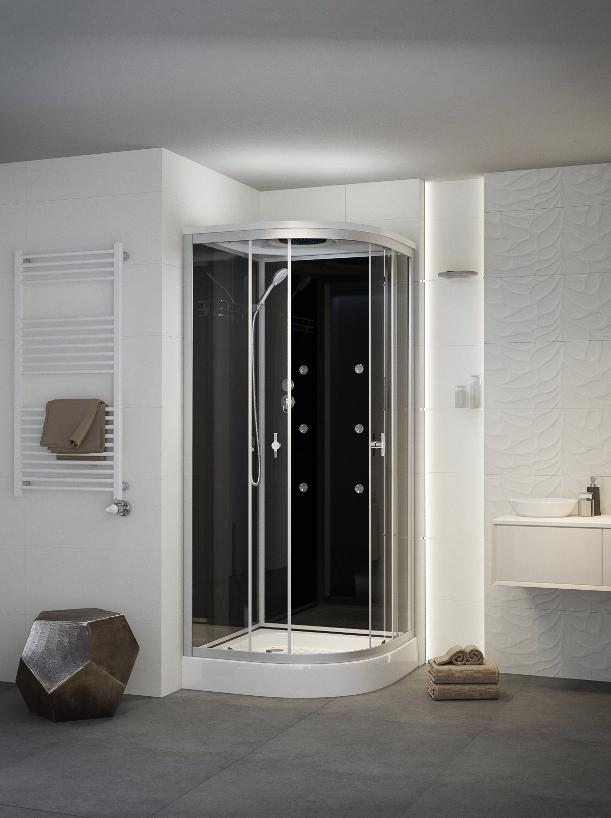 Sanimix 90x90 cm negyedköríves hátfalas hidromasszázs zuhanykabin zuhanytálcával, fekete üveg 22.1058 BLACK/3