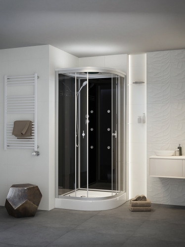 Sanimix 90x90 cm negyedköríves hátfalas hidromasszázs zuhanykabin zuhanytálcával, fekete üveg 22.1058 BLACK/3