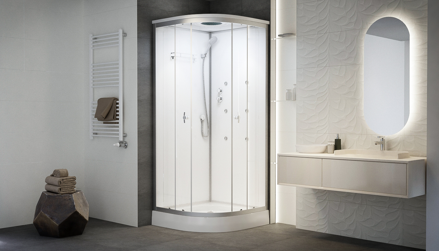 Sanimix 90x90 cm negyedköríves hátfalas hidromasszázs zuhanykabin zuhanytálcával, fehér üveg 22.1058 WHITE/3