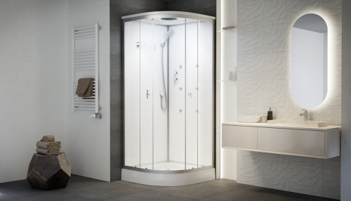 Sanimix 90x90 cm negyedköríves hátfalas hidromasszázs zuhanykabin zuhanytálcával, fehér üveg 22.1058 WHITE/3