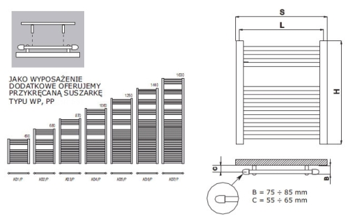 Radeco Dora AD7-400/P D profilos egyenes típusú törölközőszárítós csőradiátor (855 W, fehér, 1630x450 mm)