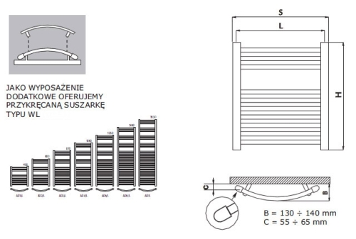 Radeco Adamo AD5-400/L D profilos íves törölközőszárítós csőradiátor (705 W, fehér, 1250x450 mm)