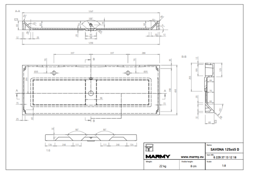 Marmy Savona 125x45/8 ráültethető öntött márvány mosdó 6 229 37 13 12 18