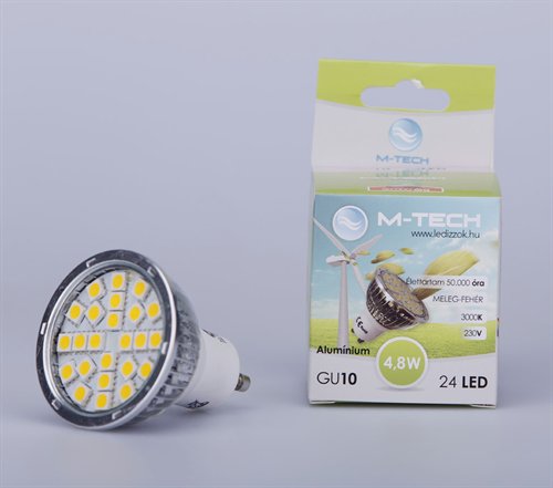 M-Tech GU10 Spot 24 LED SMD, 230V, 4,8W, 290Lm Meleg Fehér 3000K, Aluminium 5050, MTL415 led izzó