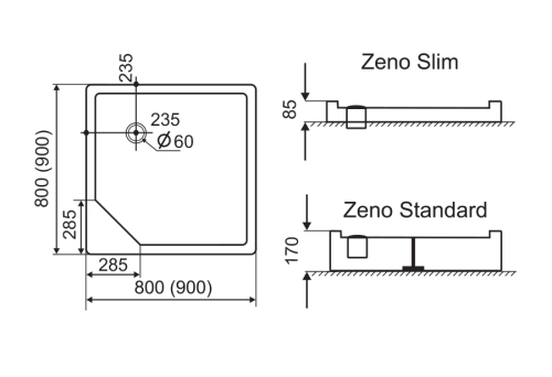 H2O Zeno Standard 90x90 szögletes zuhanytálca (12302)