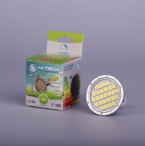 M-Tech GU10 Spot 27 LED SMD, 230V, 5W, 350Lm Meleg Fehér 3000K, Aluminium 5050, MTL416 led izzó